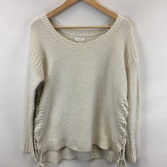 Lucky Brand Cream Soft Silver Metallic Thread Lace Up Sweater. - Picture 1 of 9